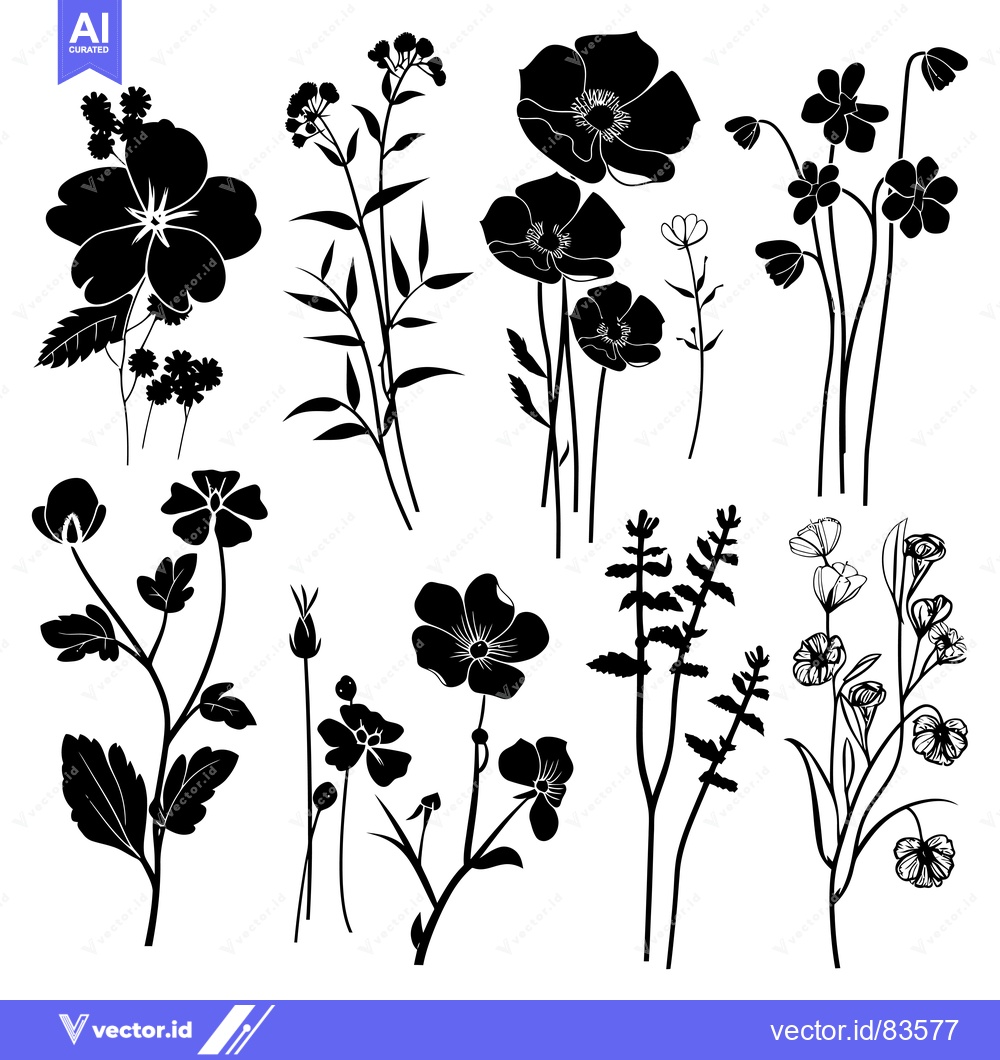 Premium Vector dari Black and White Silhouette Collection of Various Flowers