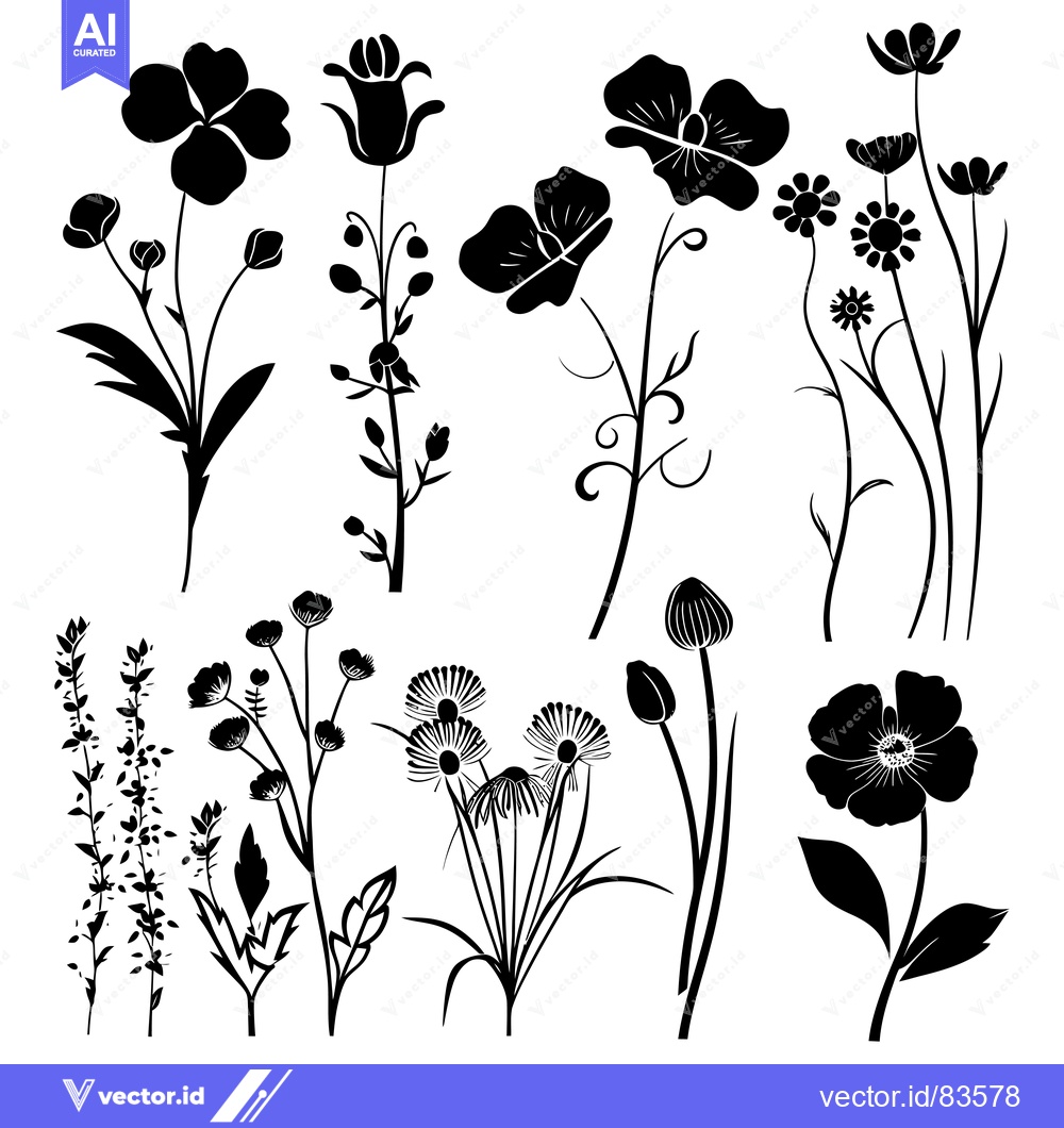 Premium Vector dari Black Silhouettes of Various Flowers and Foliage