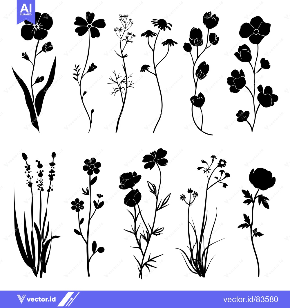 Premium Vector dari Set of Black Silhouettes of Various Flowers and Plants