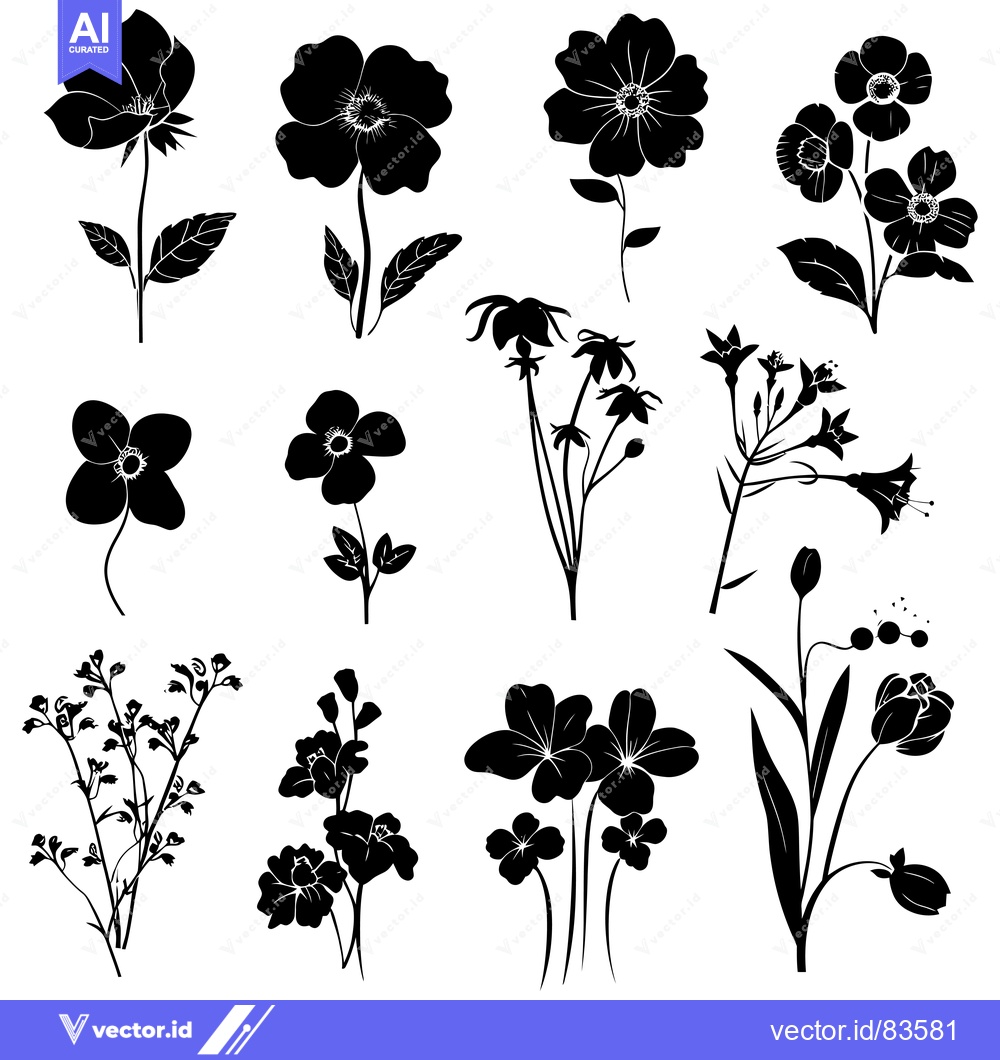 Premium Vector of Collection of Silhouettes of Various Flowers in Black and White