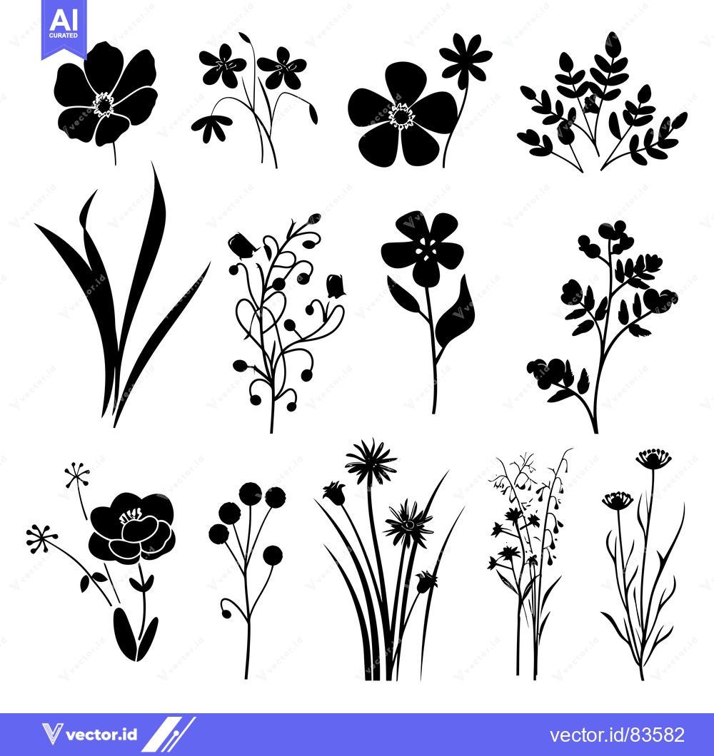 Premium Vector dari A Collection of Black Silhouettes of Various Flowers and Foliage