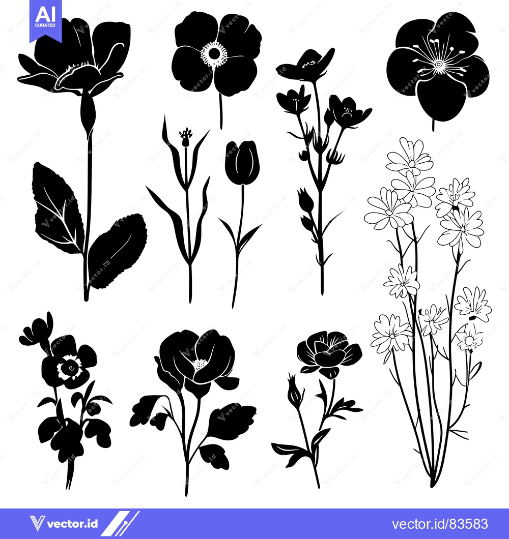 Premium Vector of Black Silhouettes of Various Flower Species