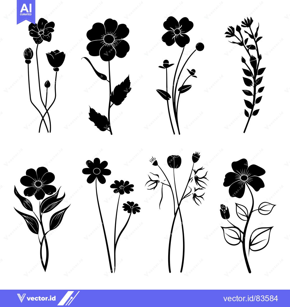 Premium Vector dari Set of Black Silhouettes of Various Flowers