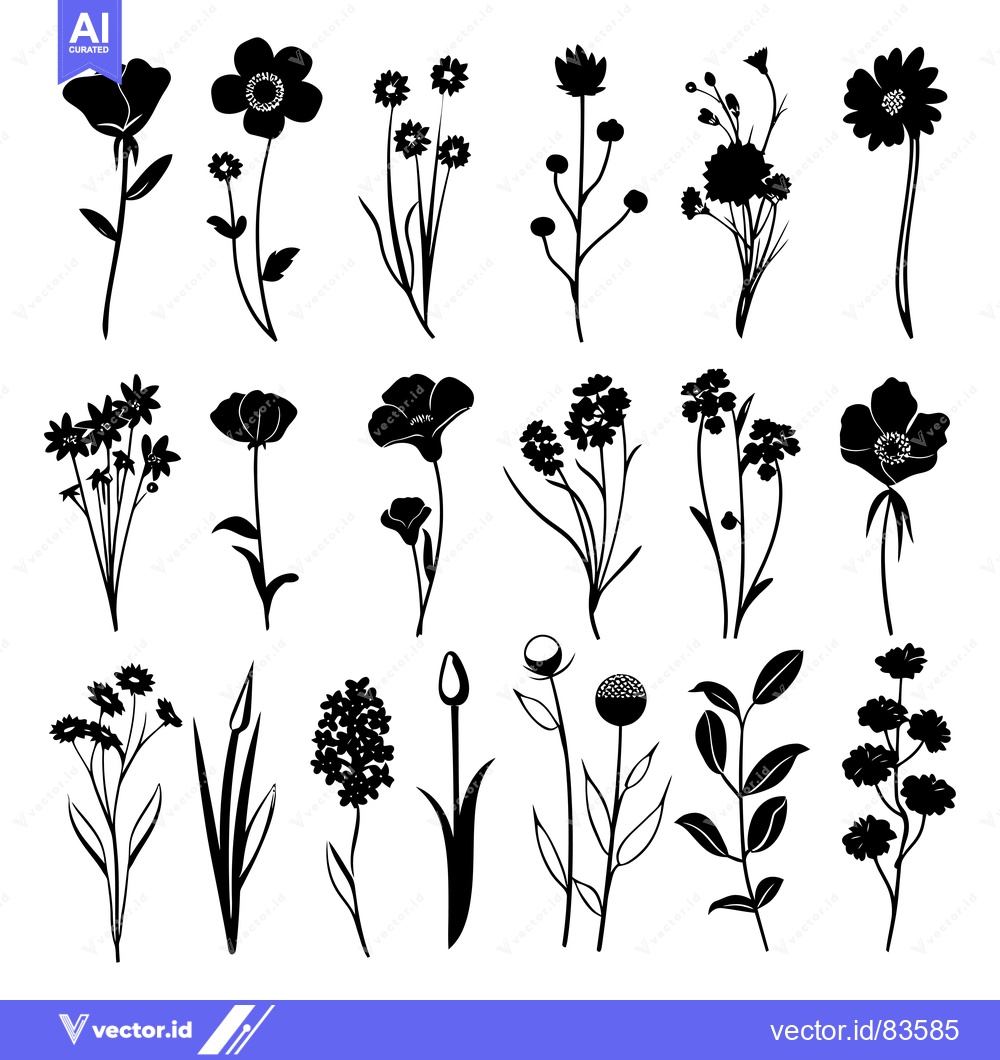 Premium Vector of Black Silhouettes of Various Flower and Plant Varieties