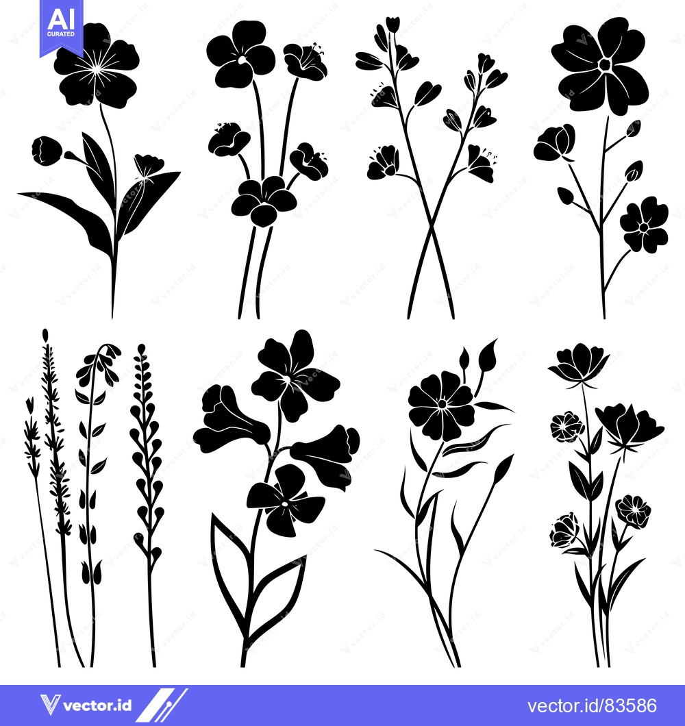 Premium Vector dari Black Silhouettes of Various Flowers and Plants