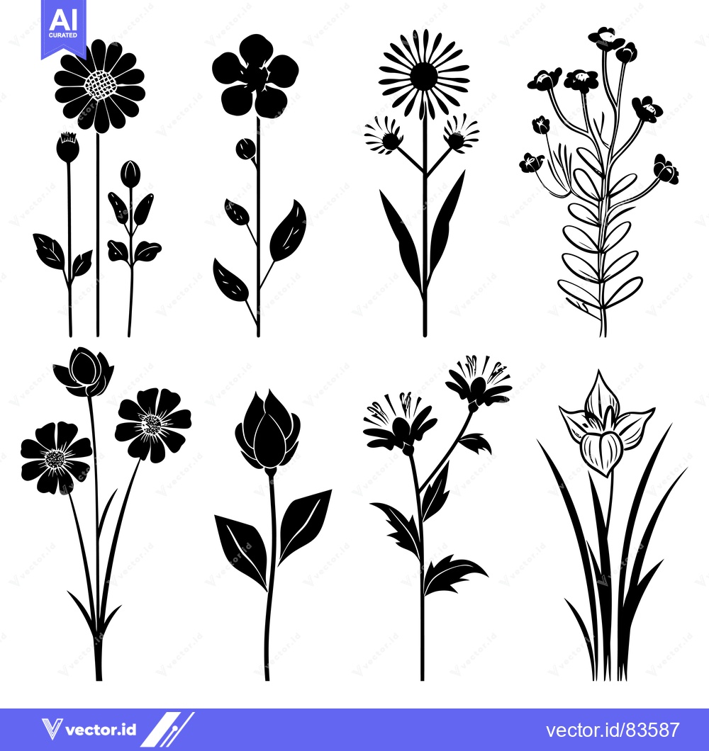 Premium Vector of Black Silhouettes of Various Flowers and Foliage