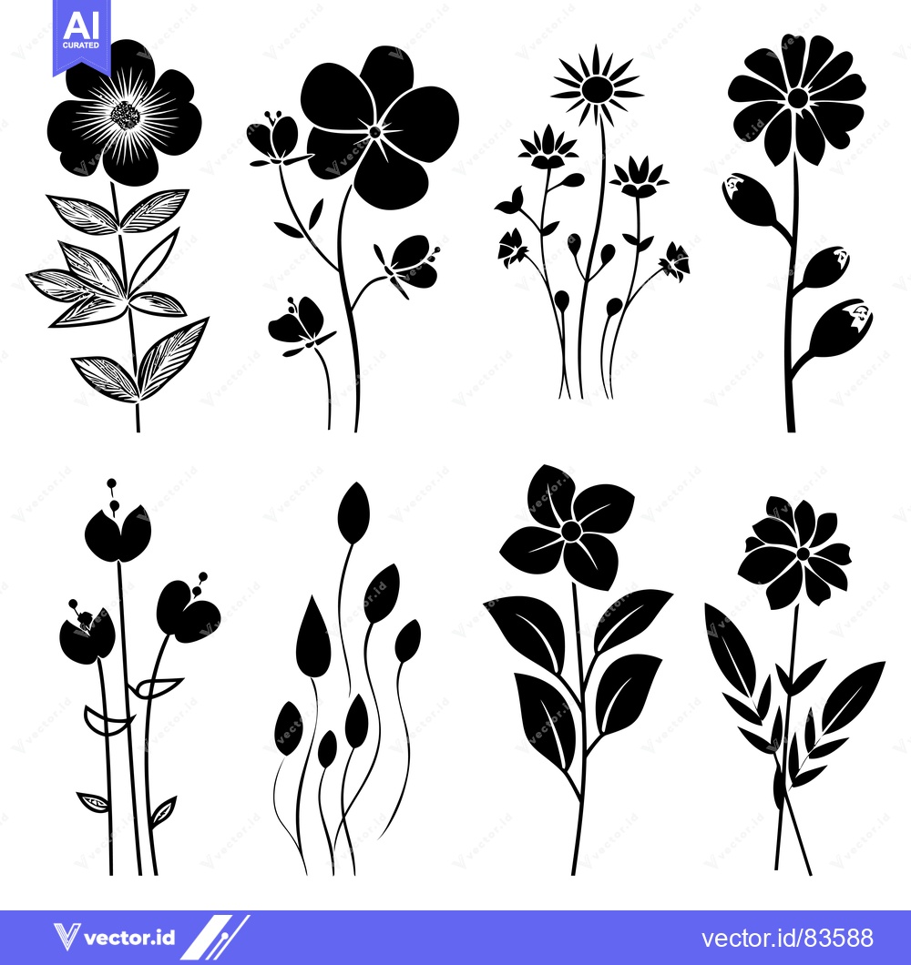 Premium Vector of Black and White Floral Silhouettes on White Background