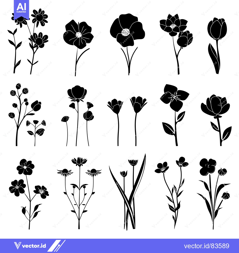 Premium Vector of A Collection of Black and White Flower Silhouettes