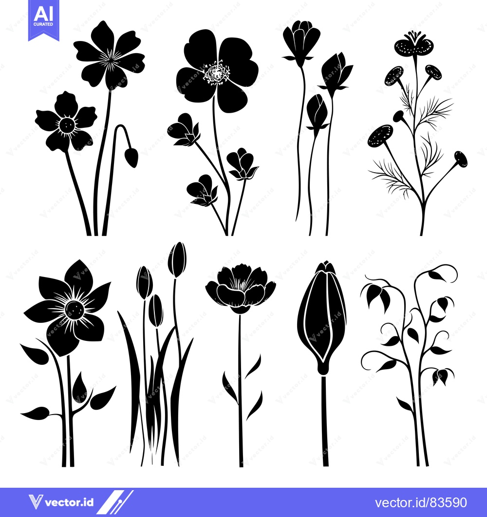 Premium Vector of Black Silhouettes of Various Blooming and Budding Flowers