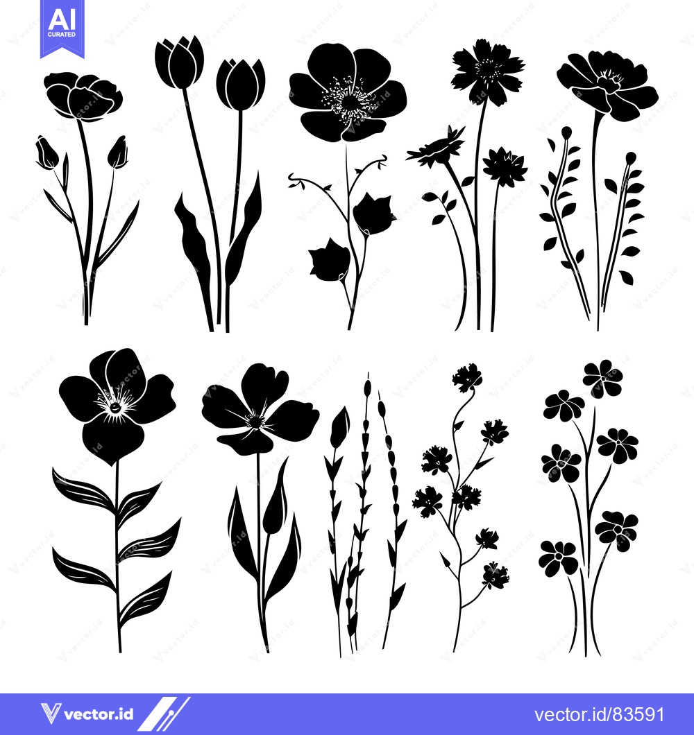 Premium Vector of Black Silhouettes of Various Wildflowers and Buds