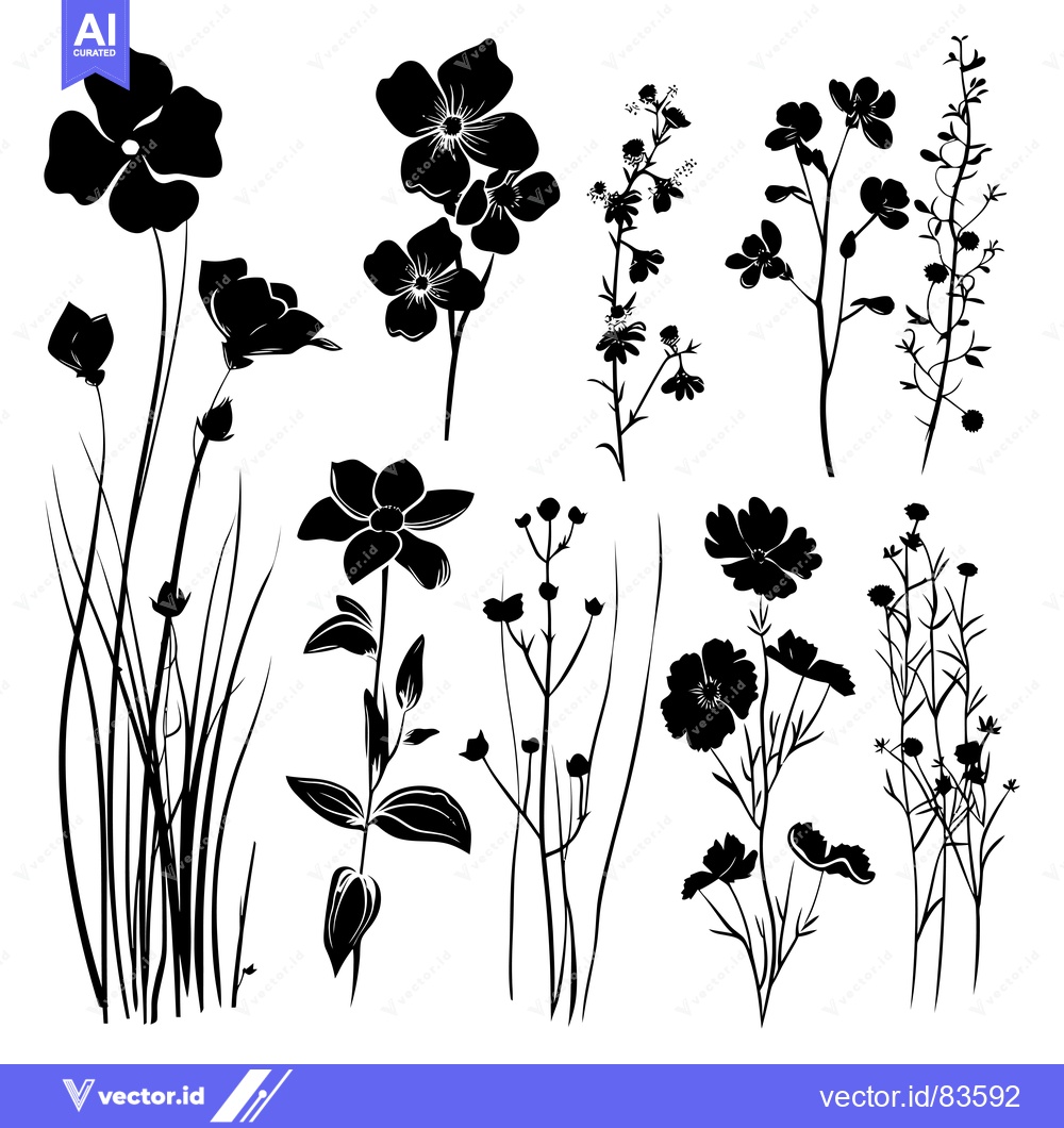 Premium Vector of A Collection of Black Silhouettes of Various Flower and Plant Species