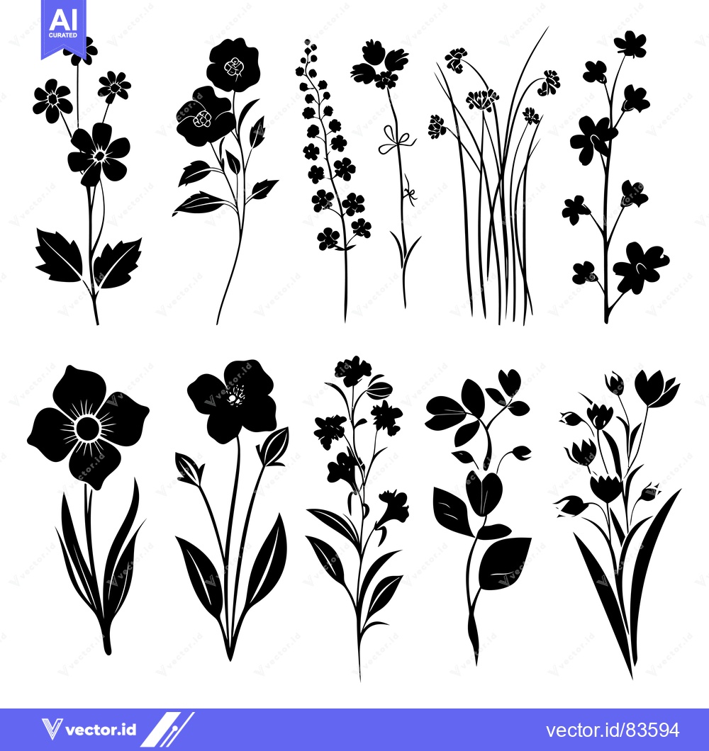 Premium Vector dari A Collection of Ten Black Silhouettes of Different Wildflowers