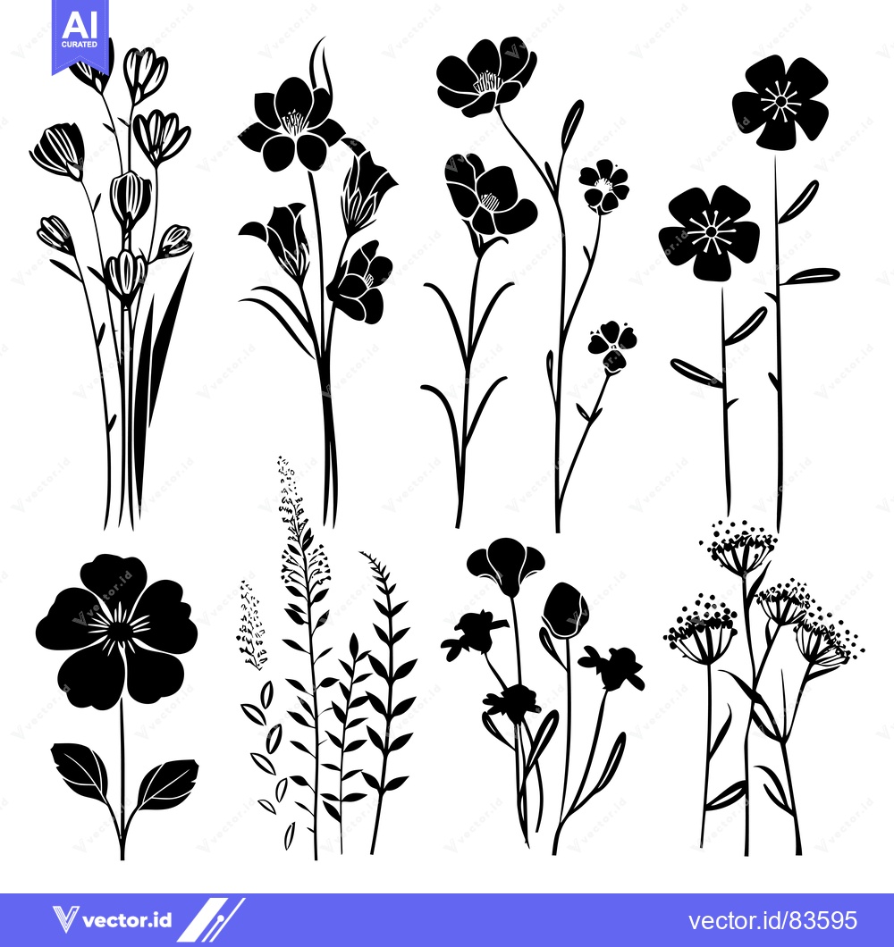 Premium Vector of Black Silhouettes of Various Flower and Plant Species