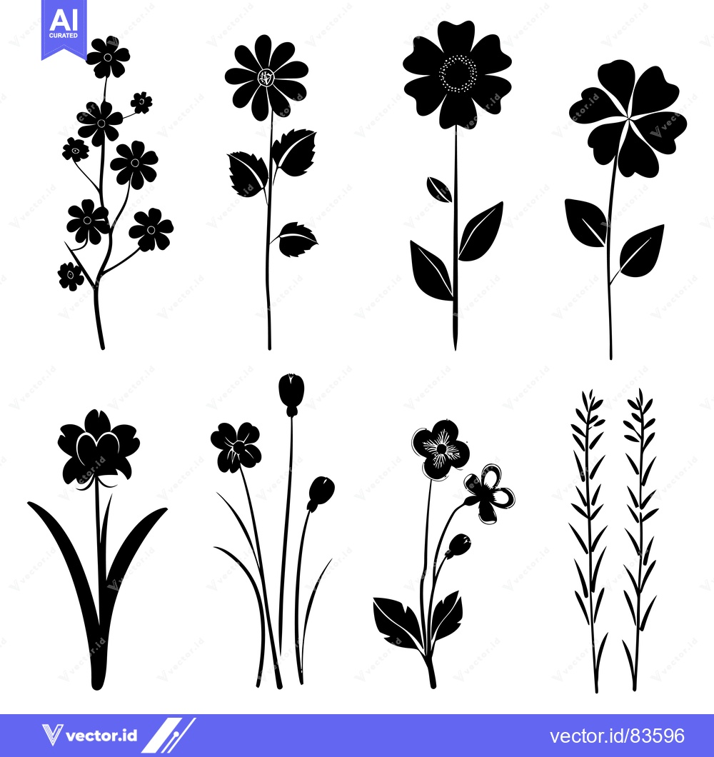 Premium Vector dari Set of Eight Black Silhouettes of Different Flowers and Plants