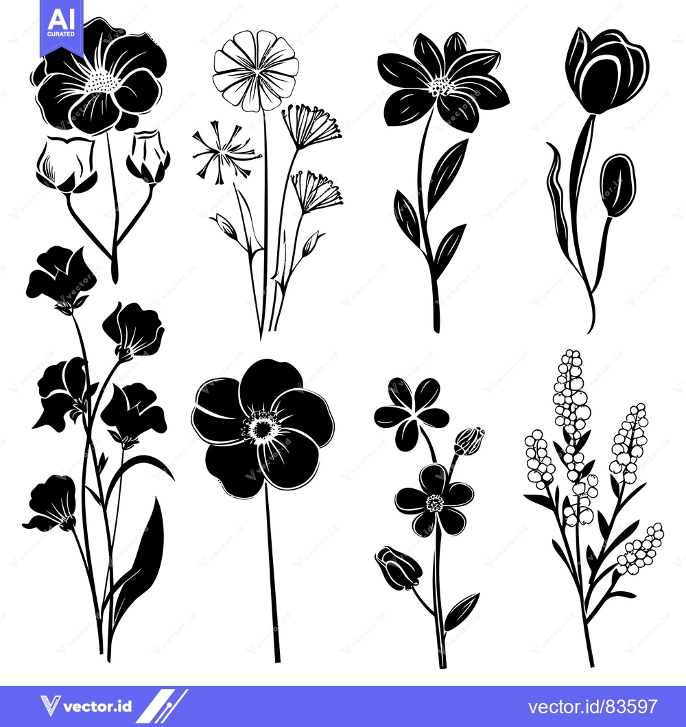 Premium Vector dari Black and White Silhouettes of Various Flowers
