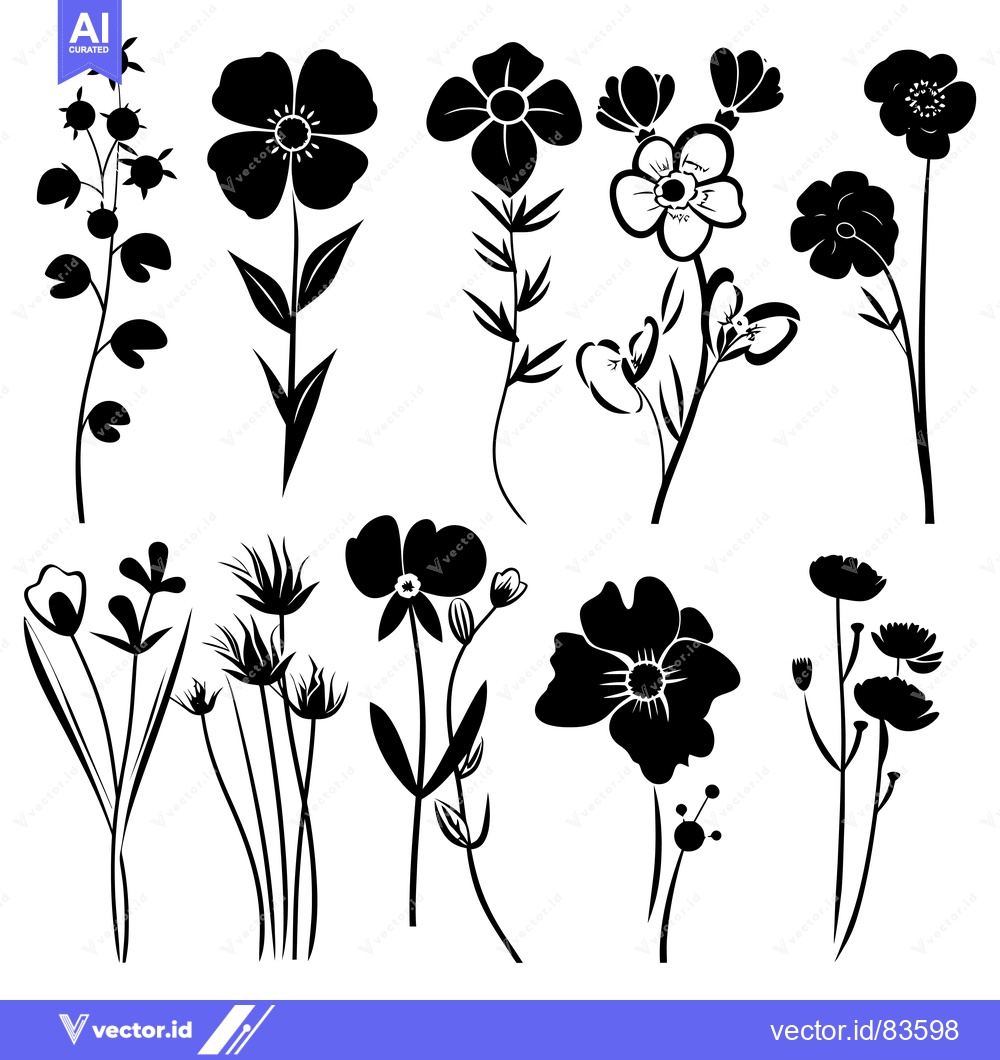 Premium Vector dari Black Silhouettes of Various Flowers and Plants