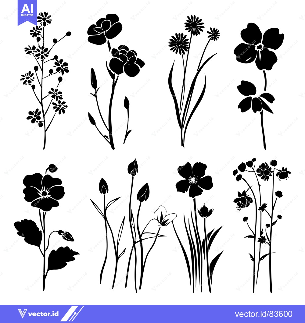 Premium Vector dari A Collection of Black Silhouettes of Various Flowers and Buds