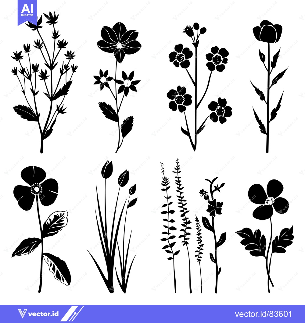 Premium Vector dari Eight Black Silhouettes of Different Flower and Plant Species