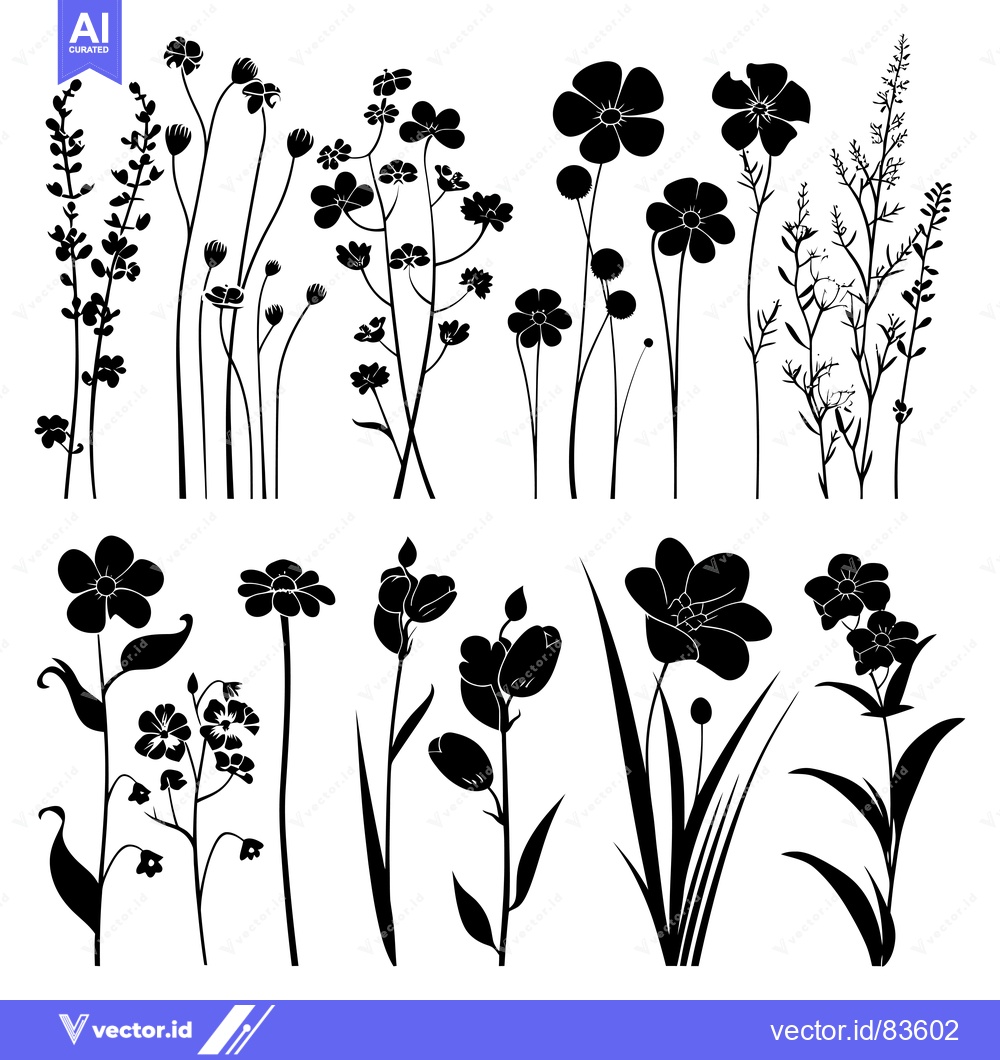 Premium Vector dari Black Silhouettes of Various Wildflowers and Grasses