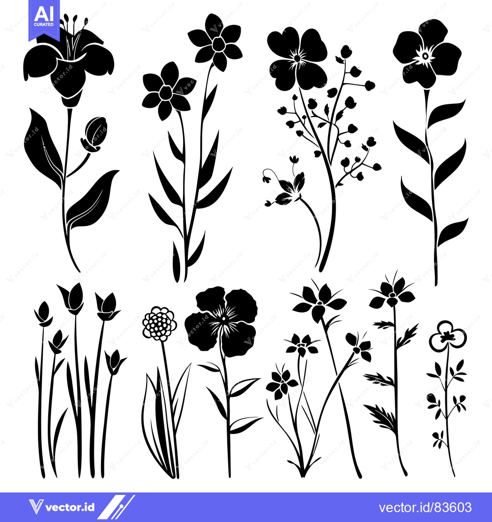 Premium Vector dari Silhouettes of Various Black Flowers and Plants