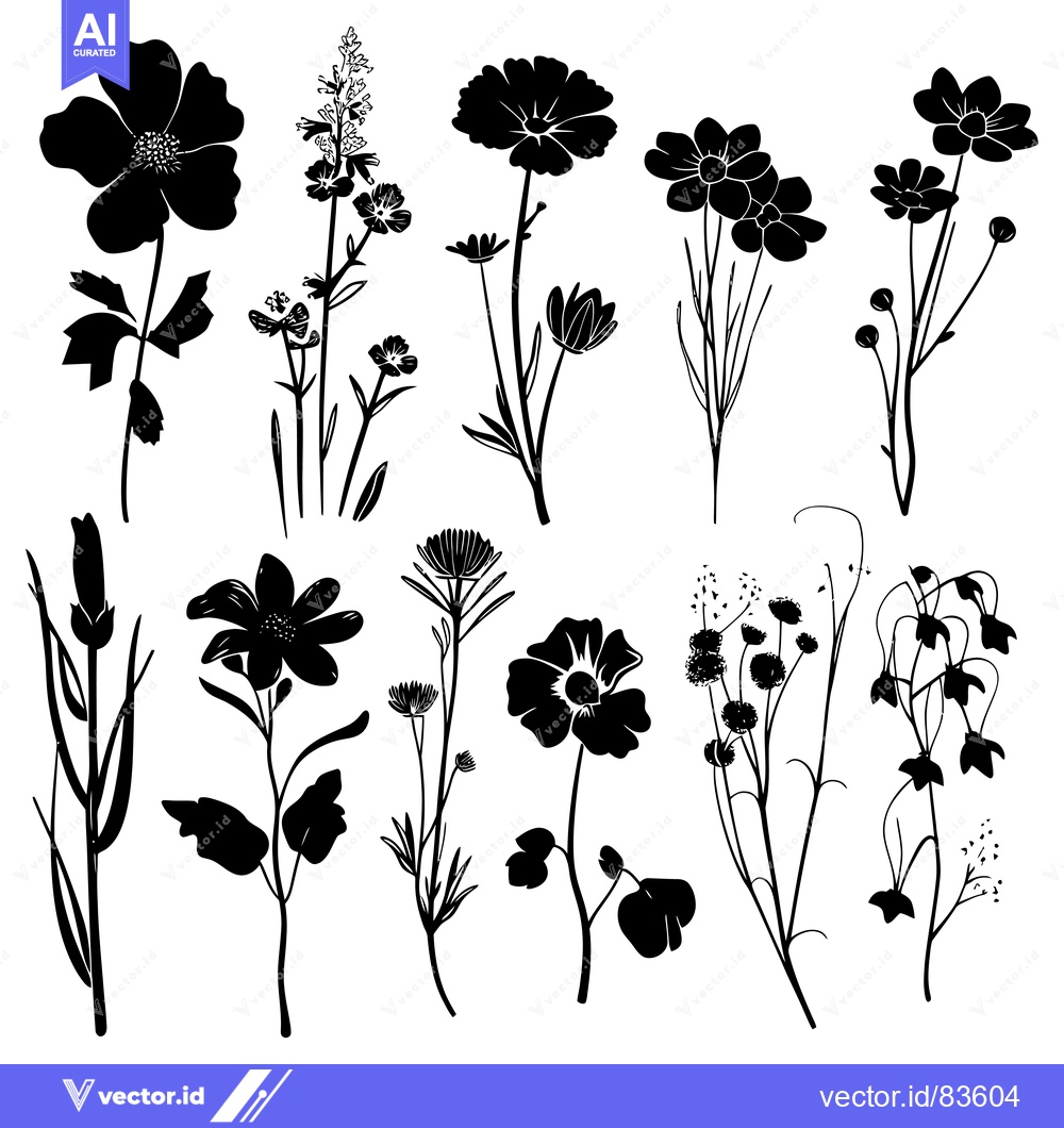 Premium Vector of Black Silhouettes of Various Flower and Plant Stems