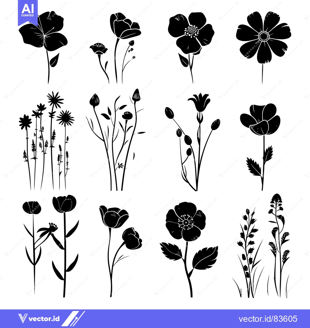 Premium Vector of Black Silhouettes of Various Flowers and Foliage