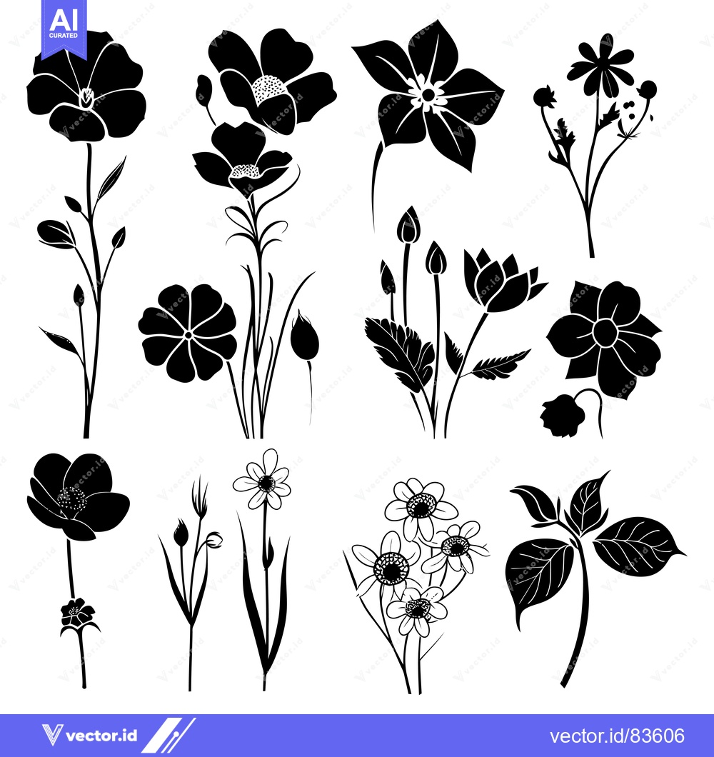 Premium Vector dari Black Silhouettes of Various Flowers and Foliage