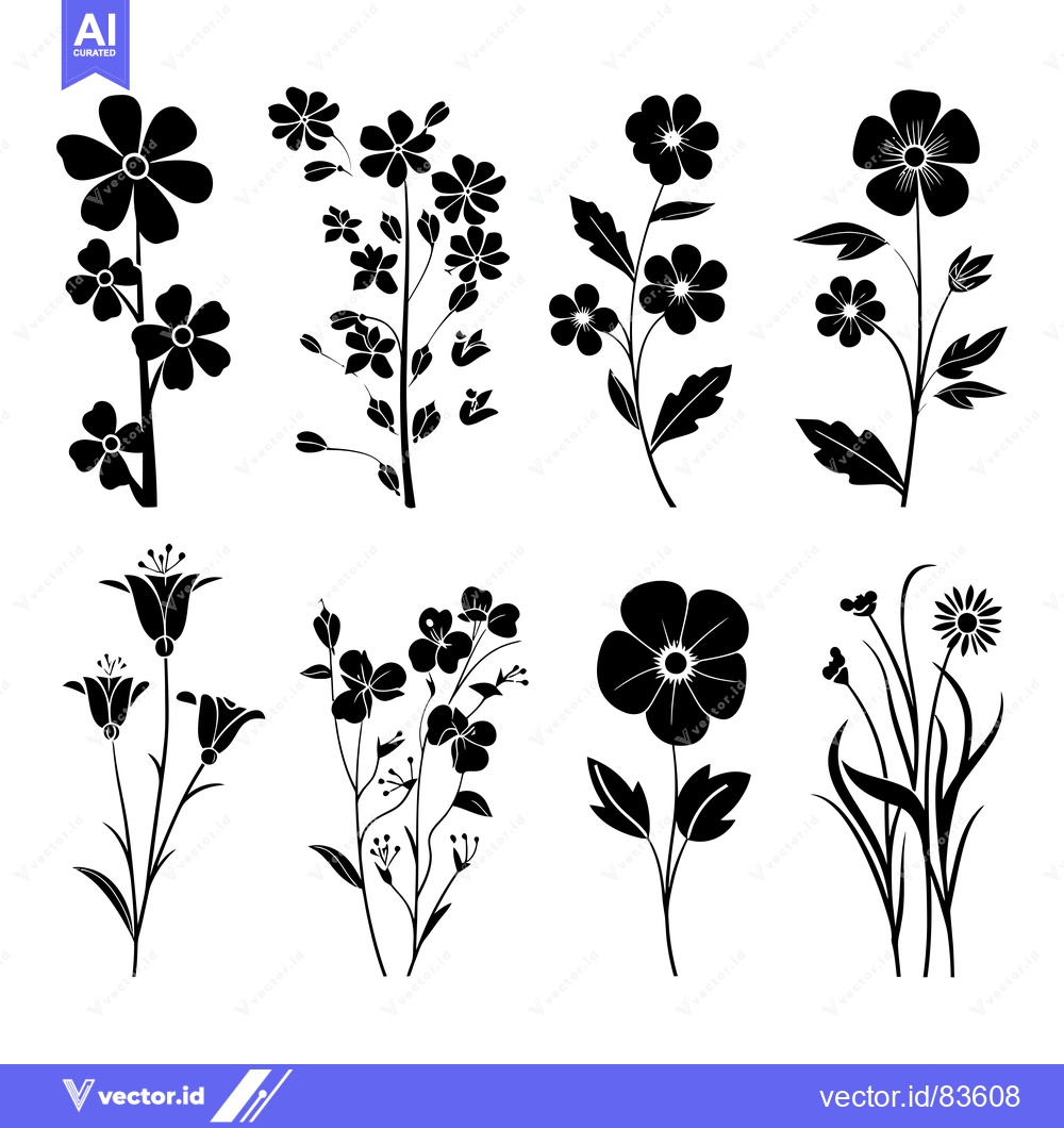 Premium Vector of Eight Black Silhouettes of Different Flower Arrangements