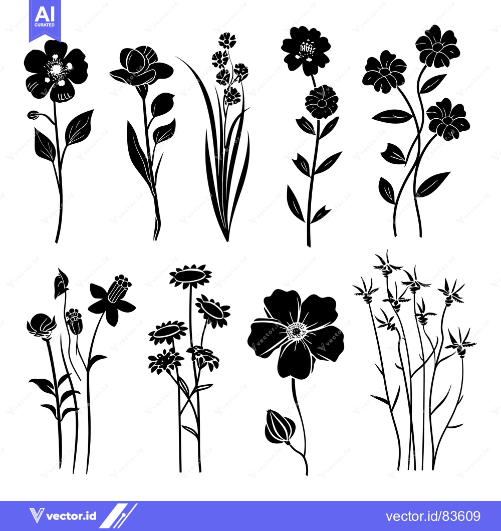 Premium Vector dari Set of Black Silhouettes of Various Wildflowers