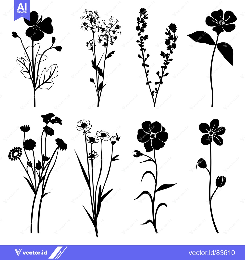 Premium Vector dari Set of Eight Black Silhouettes of Various Flowers and Plants