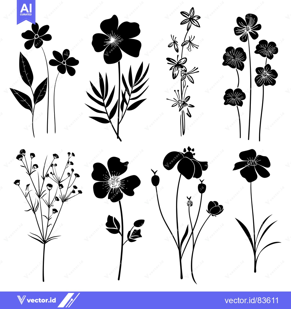 Premium Vector dari A Collection of Black and White Silhouettes of Various Flowers and Fol
