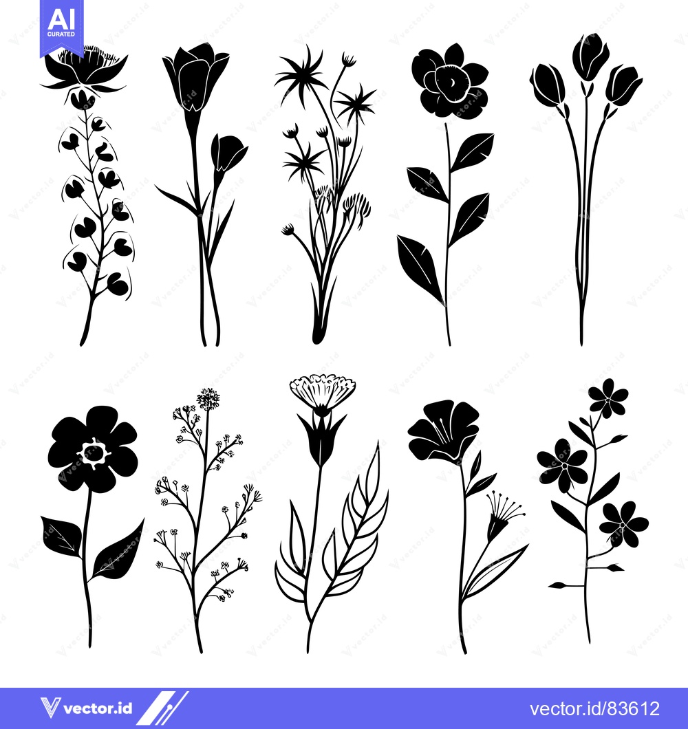 Premium Vector dari Collection of Black and White Floral Silhouettes