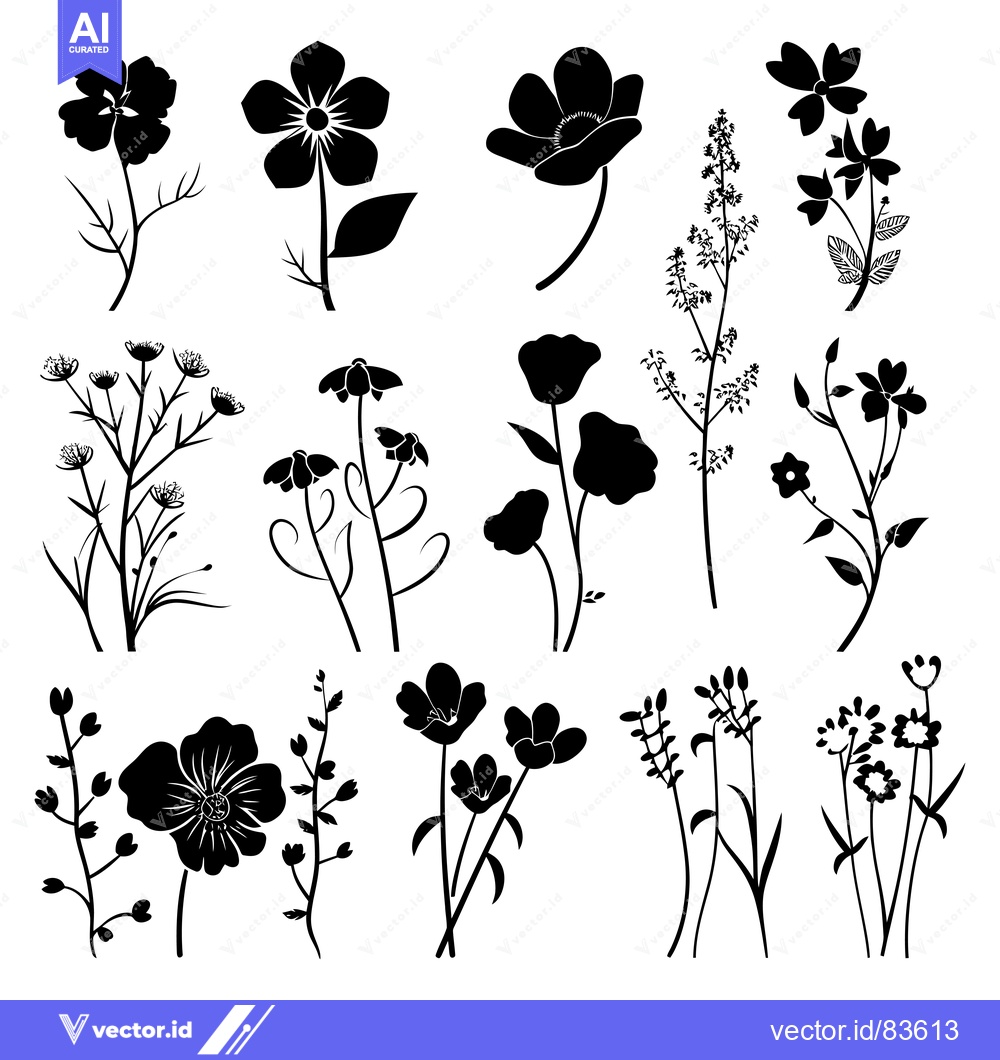 Premium Vector dari A Collection of Black Silhouettes of Various Wildflowers