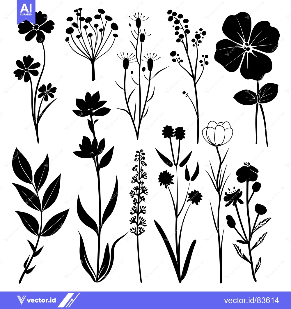 Premium Vector of Silhouette Collection of Various Wildflowers and Foliage