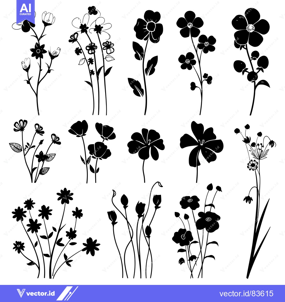 Premium Vector dari A Collection of Black and White Flower Silhouettes