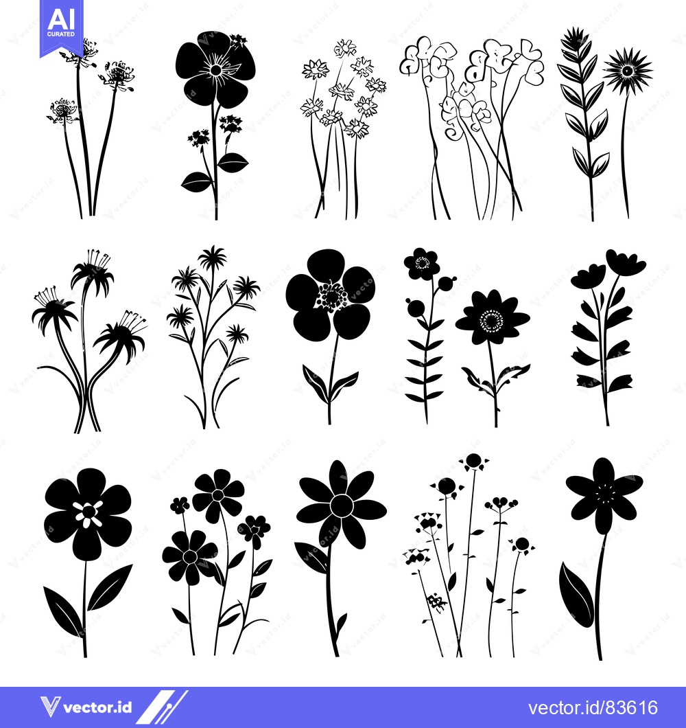 Premium Vector dari Black and White Silhouettes of Various Floral Arrangements