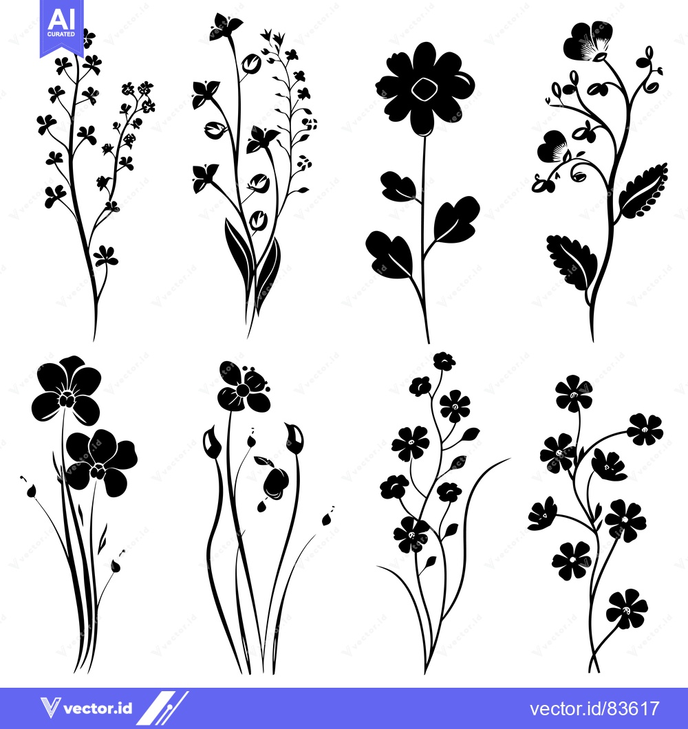 Premium Vector dari Black and White Silhouettes of Various Flowers and Plants