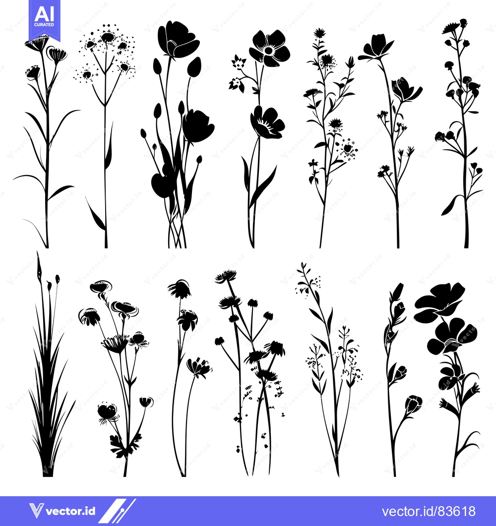 Premium Vector dari A Collection of Black Silhouettes of Various Wildflowers