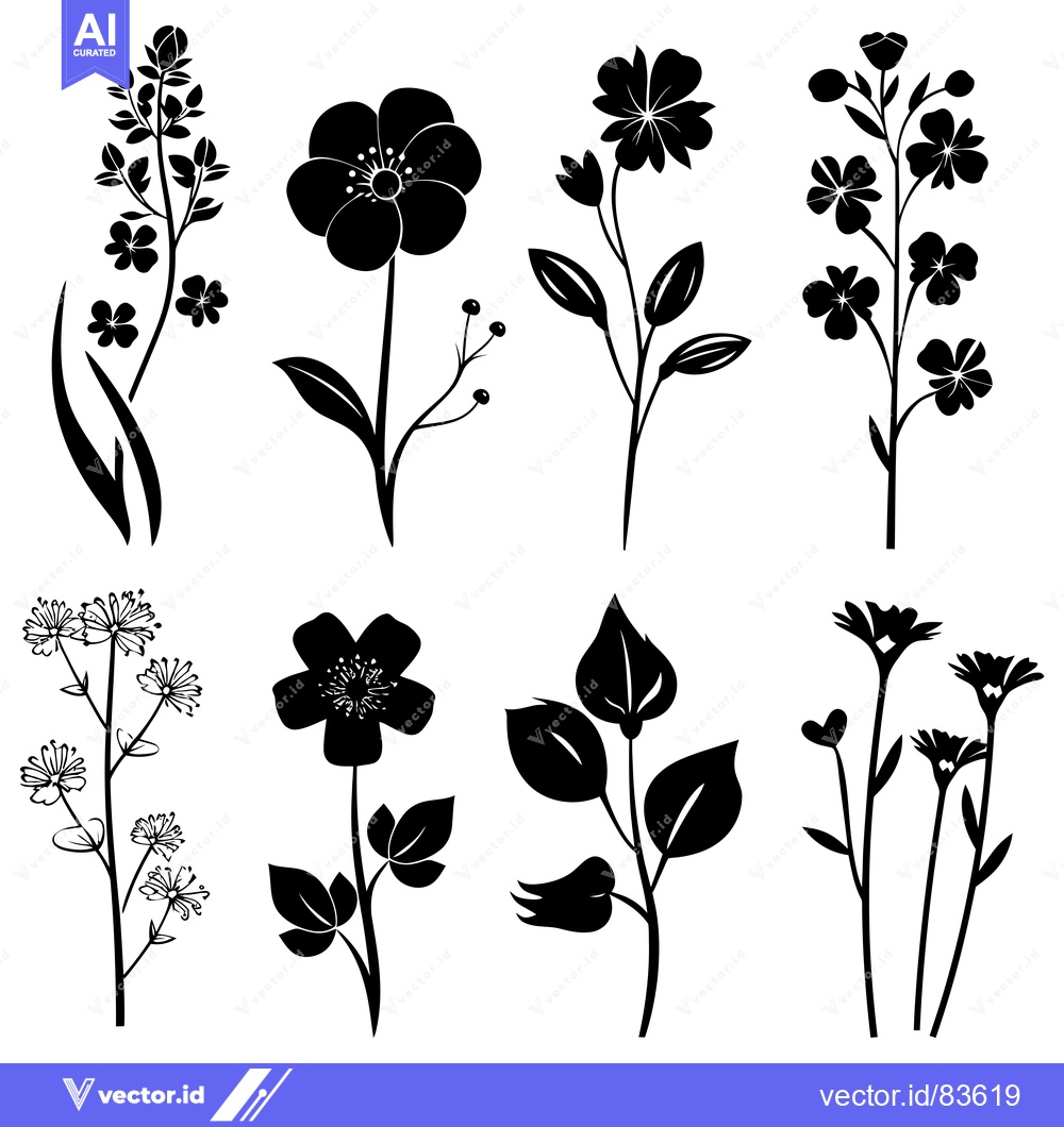 Premium Vector dari Black Silhouettes of Various Flowers and Plants