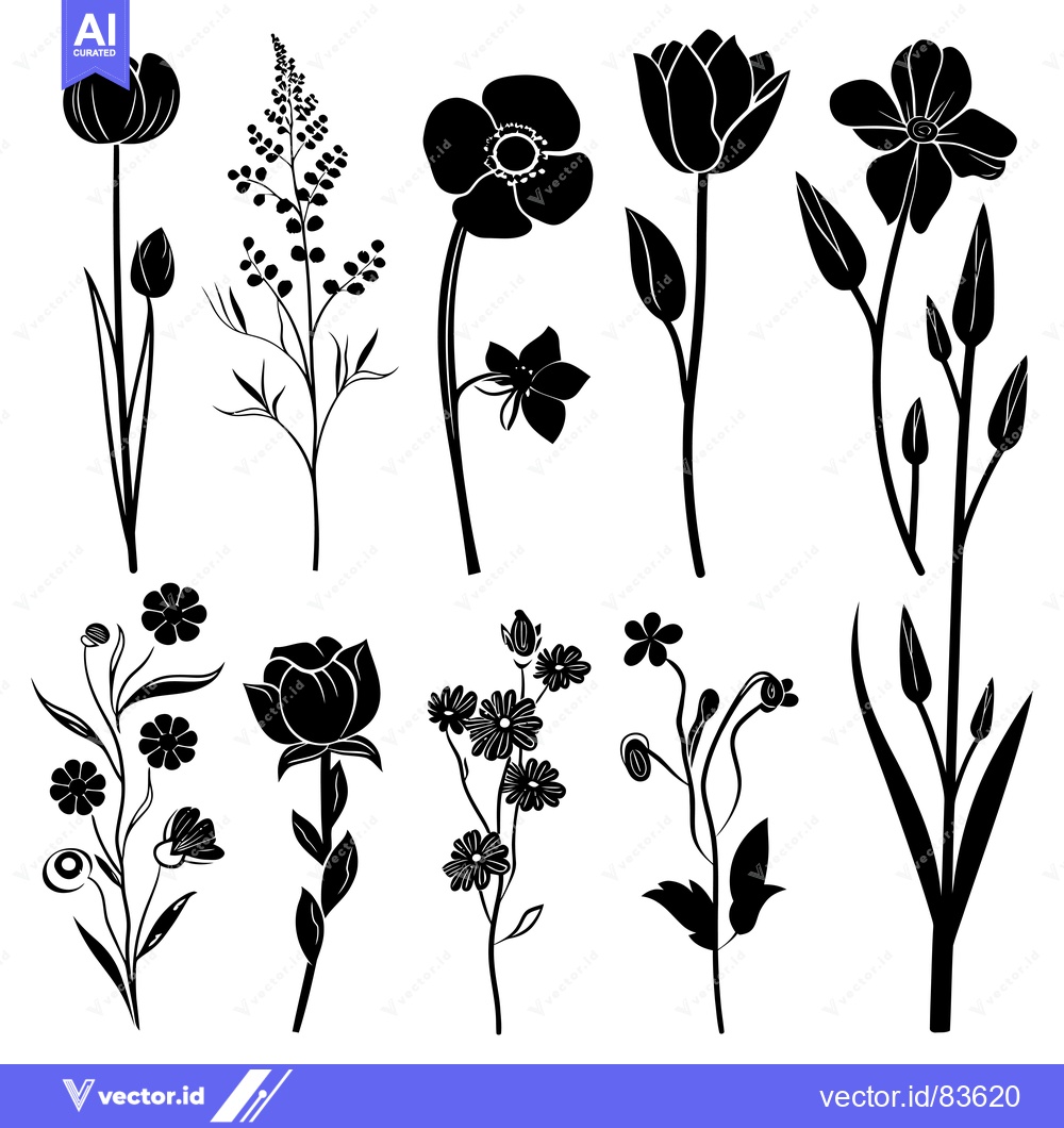 Premium Vector dari A Collection of Black Silhouettes of Various Flowers