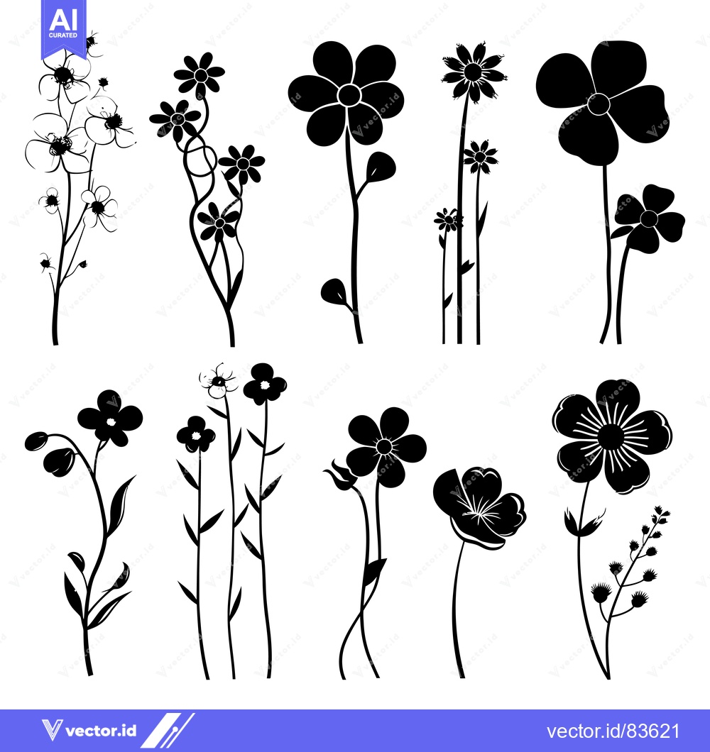 Premium Vector dari Black and White Silhouettes of Various Flower Designs