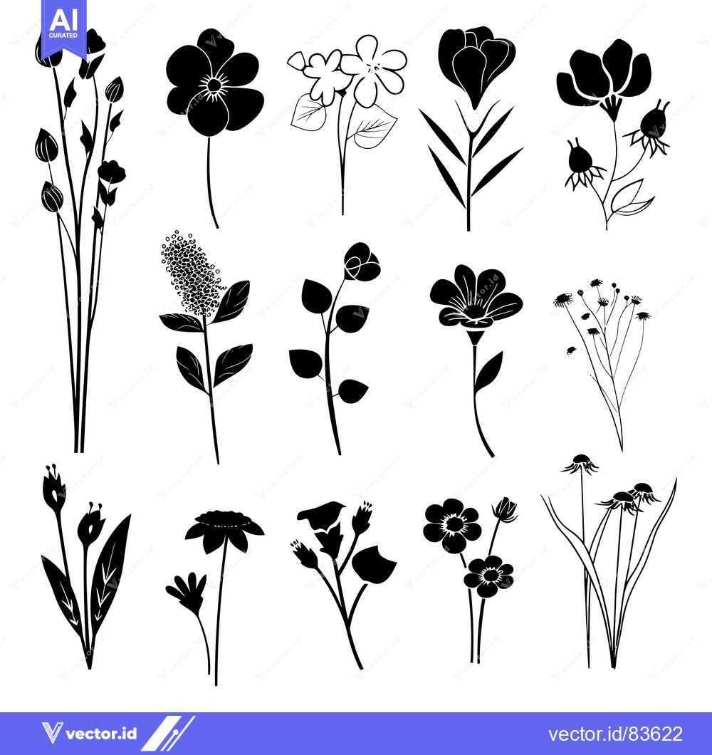 Premium Vector dari Collection of Black Silhouettes of Various Flowers and Plants