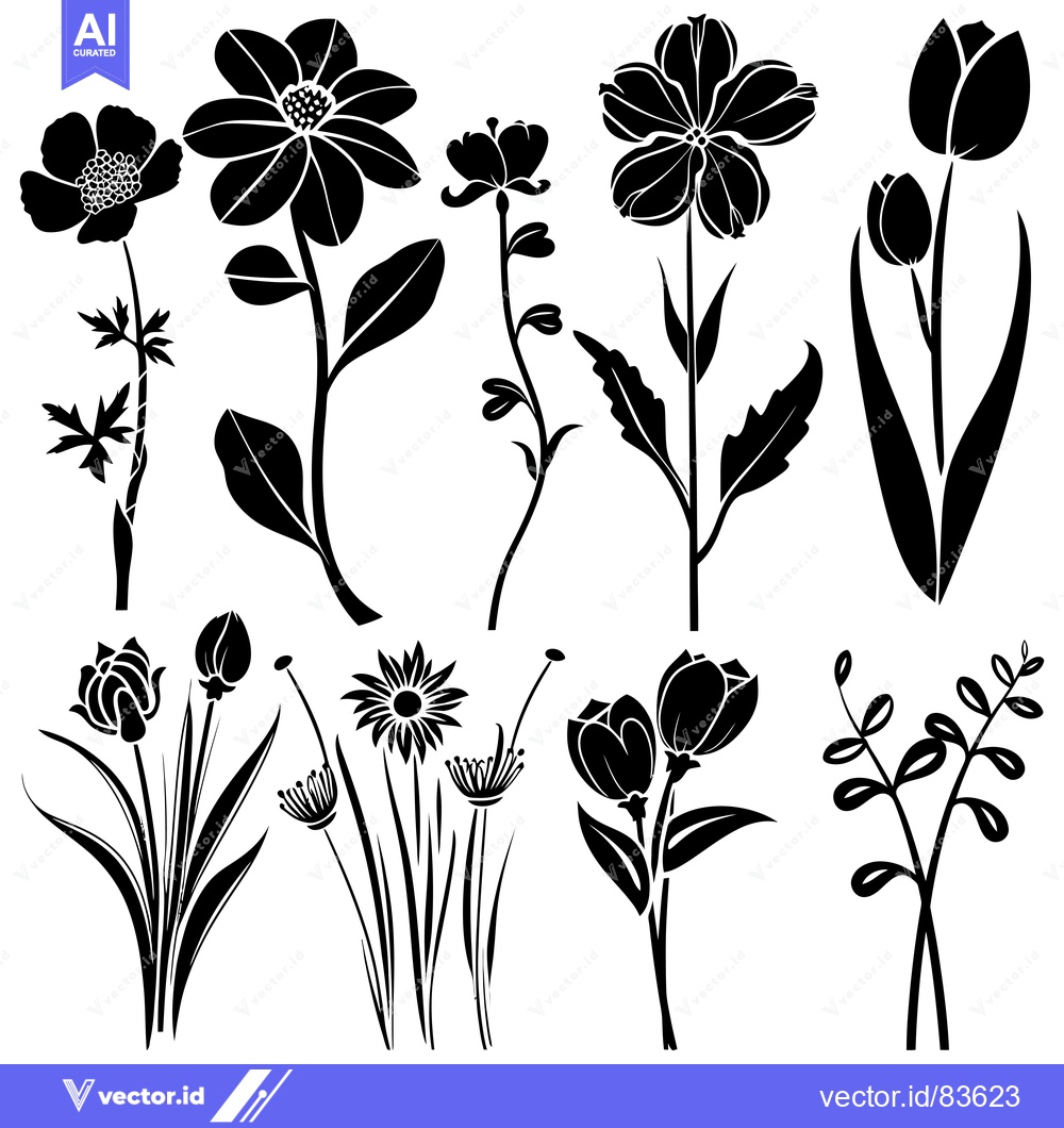 Premium Vector dari A Collection of Black Silhouette Flower and Plant Designs