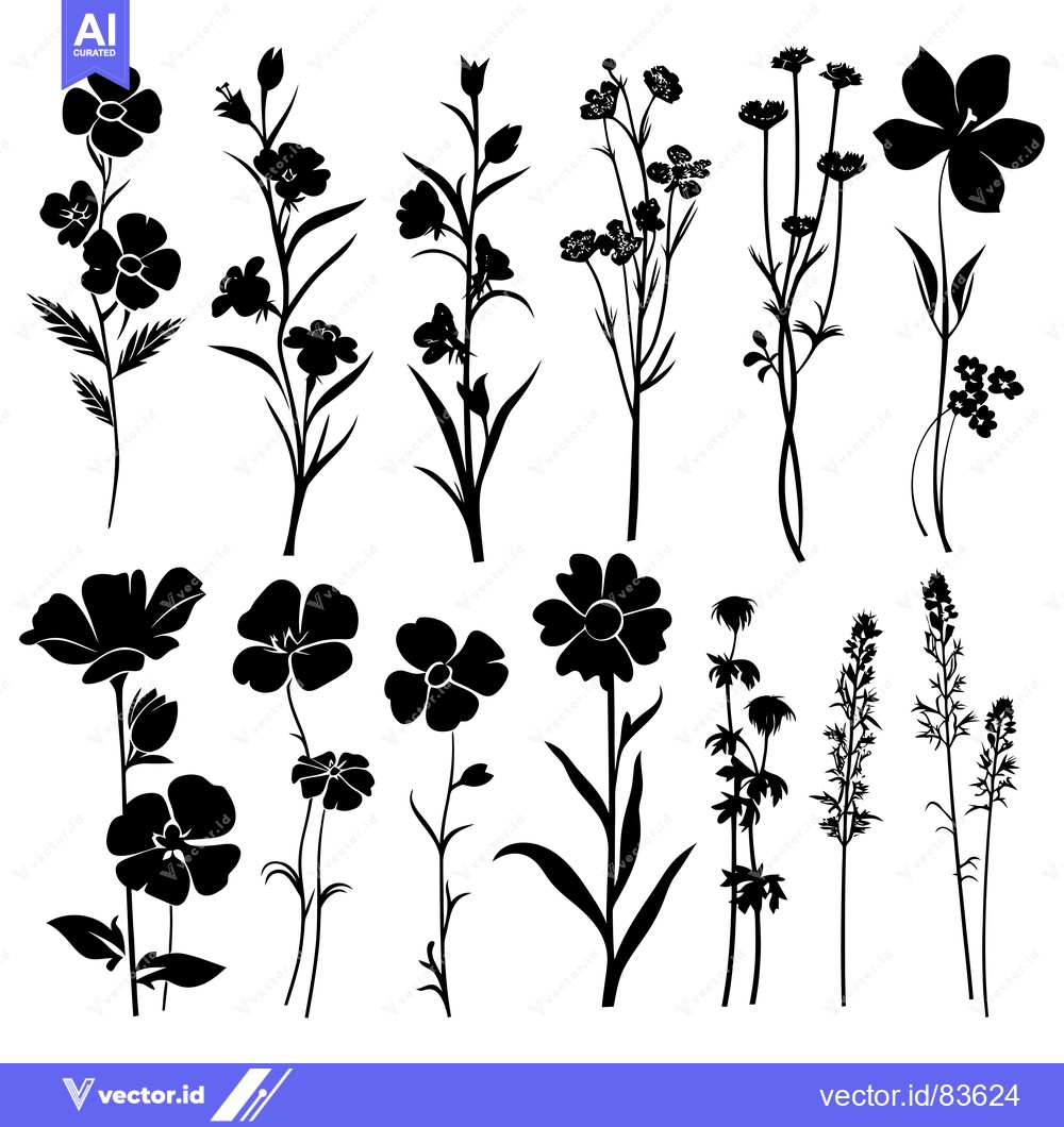 Premium Vector of Black Silhouettes of Various Flowers and Wild Plants
