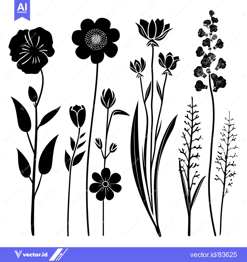 Premium Vector dari Silhouettes of Various Flowers and Grass on a White Background