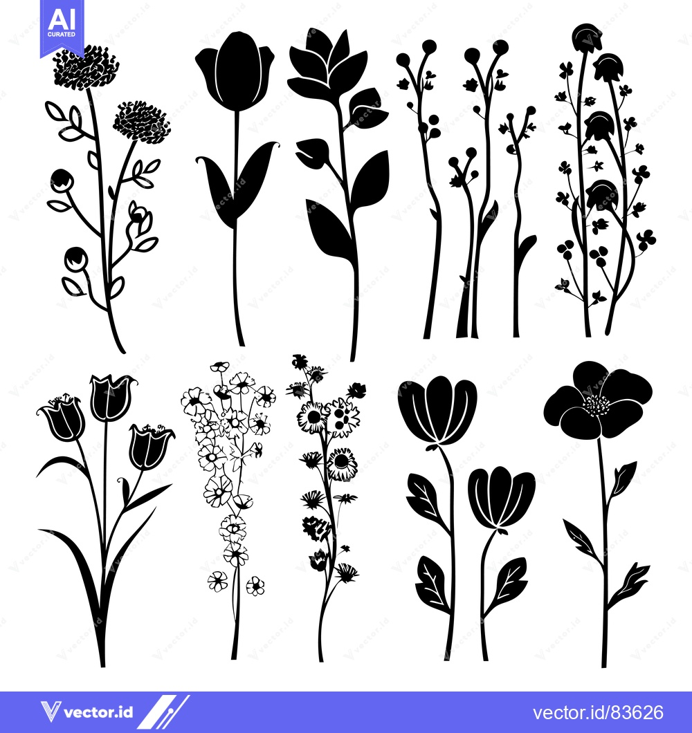 Premium Vector of A Collection of Stylized Black and White Flower Silhouettes