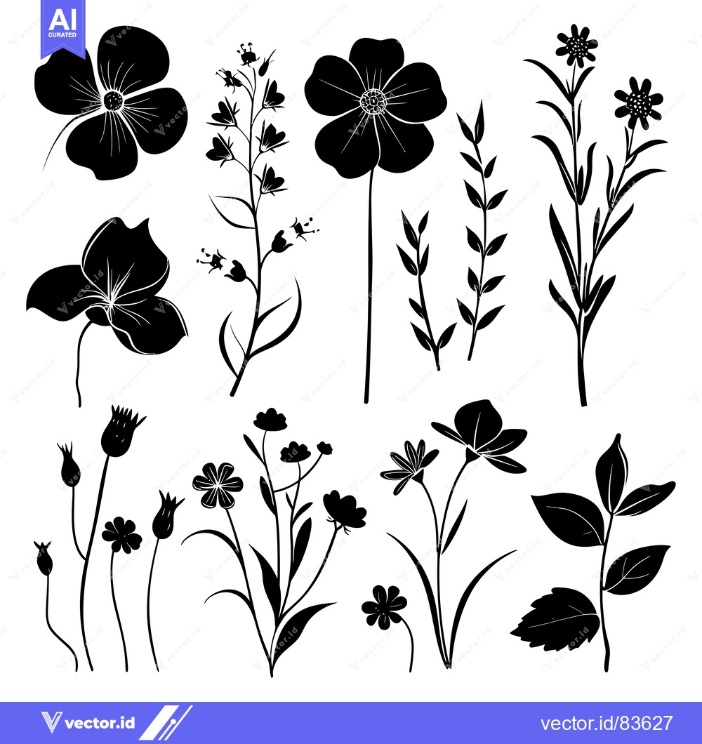 Premium Vector dari Black and White Silhouettes of Various Flowers and Foliage