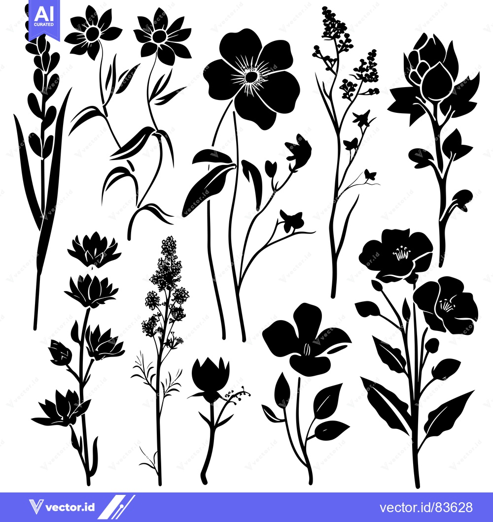 Premium Vector dari A Collection of Black Silhouettes of Various Blooming Flowers and Foli