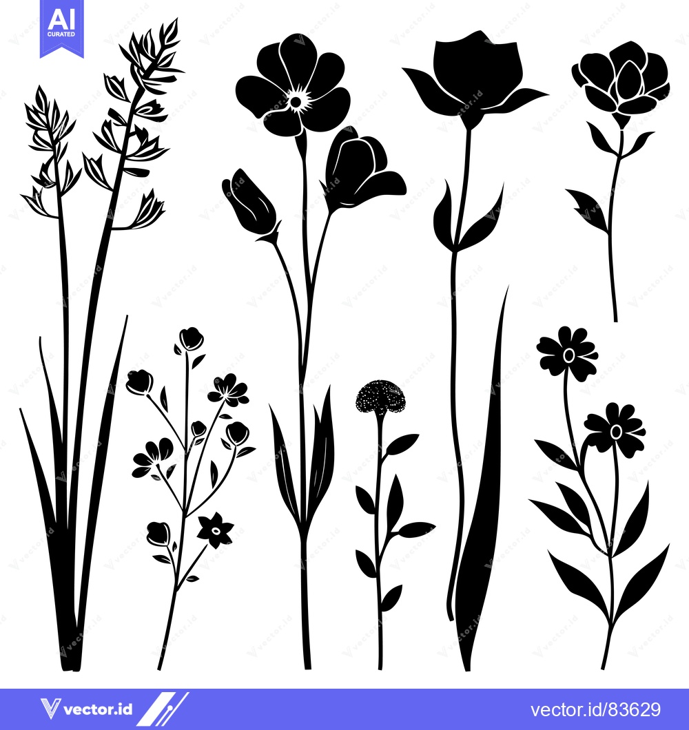 Premium Vector of A Collection of Black Silhouettes of Various Flowers and Plants