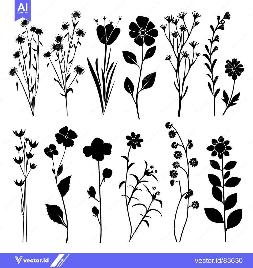 Premium Vector dari Collection of Black Silhouettes of Various Flower and Plant Designs